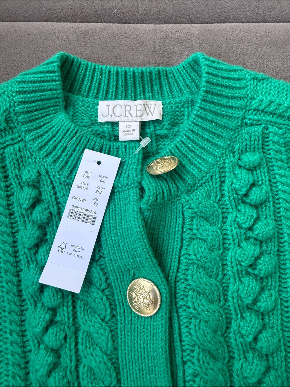J. Crew Emerald Green Cable Knit Cardigan with Gold Buttons